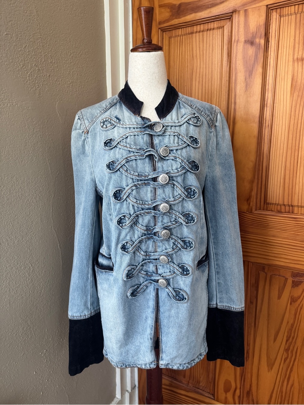 Free People Light Blue Military-Style Denim Jacket with Black Trim